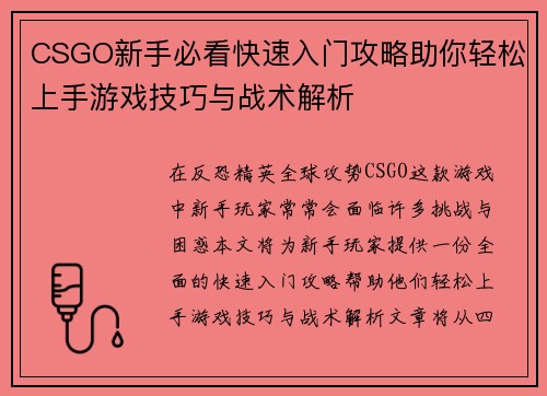 CSGO新手必看快速入门攻略助你轻松上手游戏技巧与战术解析